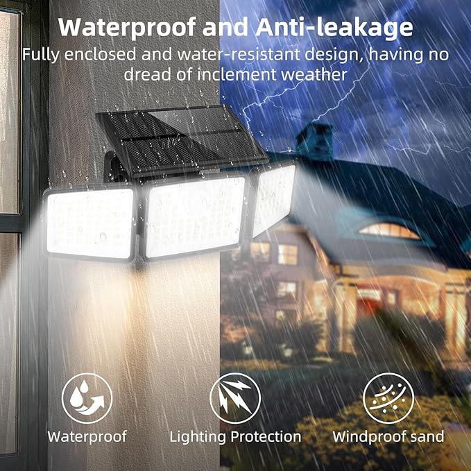 daphino 2500LM Solar Lights Outdoor with Motion Sensor,3 Head 270° Wide Angle Street Area Lights, IP65 Waterproof Security Lighting with 3 Modes(Non-Remote,2 Pcs)