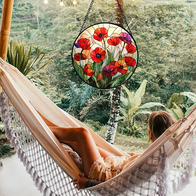 CRISGIF Stained Glass Window Hanging - Poppy Birth Flowers Suncatcher for Door Garden Yard Wildflowers Sun Catchers Decor Christmas Mother's Day Birthday Gifts for Women Mom Nana Friend 9.8 in