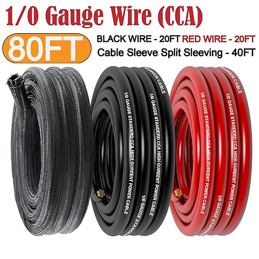 1/0 Gauge Wire CCA (20Ft Each Black/Red) Primary Automotive Wire with Lugs Kit,250A ANL Fuse,1/2 Inch Cable Split Sleeving,Battery Cable,Car Amplifier Power Ground Wires,Amp Install Wiring