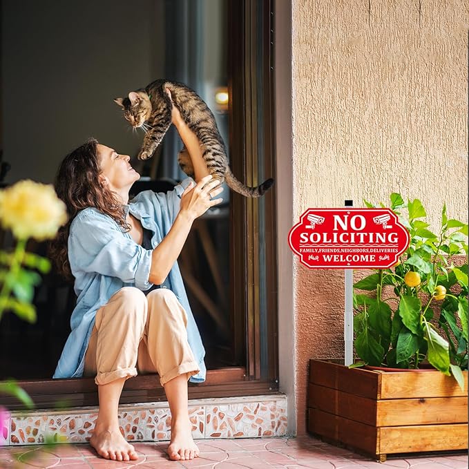 No Soliciting Sign for House, No Soliciting Signs for Front Door with Long Stake, Heavy Duty Aluminum Yard Signs UV Protected Weather Resistant and Easy Install for Lawns Garden (14x7 inches Red)