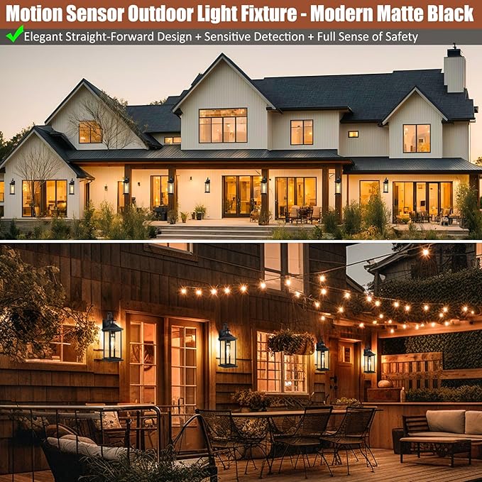 Roravilila 1-Pack 18 Inch Motion Sensor Front Porch Light IP65 Waterproof, Large Black Dusk to Dawn Outdoor Wall Lighting for House Exterior Light Fixture Clear Glass Garage Coach Light, E26 Bulb Base