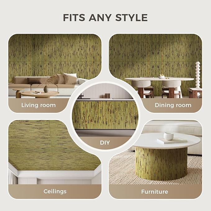 OUZUGIE 2 Pack 96x24 Inch Natural Bamboo Wall Panel – Green Burned Pole Wrap Paneling for Walls, Ceilings, Cabinets, Furniture – Ideal for Bedroom, Living Room & Office DIY Decor