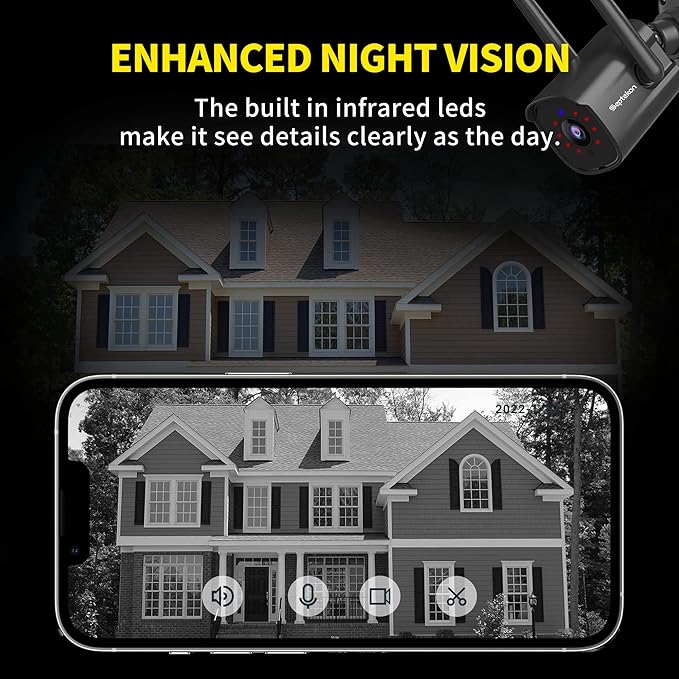Septekon 2K Outdoor Security Camera 3MP, 2.4G Wired WiFi Camera with Night Vision, IP66 Waterproof, AI Human Motion Tracking, 2-Way Audio, Black