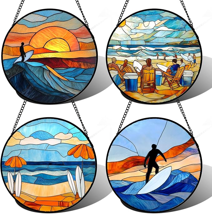 AMDERVEN Stained Glass Window Hanging 4 Pcs Set Blue Ocean Surfing Beach 6.3" - Suncatcher Door Garden Sun Catcher Decor Birthday Mother's Day for Firefighte Men Woman Nana Mom