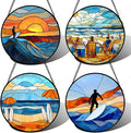 AMDERVEN Stained Glass Window Hanging 4 Pcs Set Blue Ocean Surfing Beach 7.8" - Suncatcher Door Garden Sun Catcher Decor Birthday Mother's Day for Firefighte Men Woman Nana Mom
