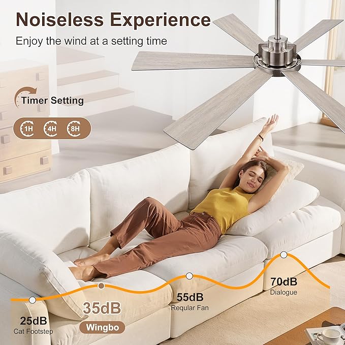 WINGBO 60 Inch Ceiling Fan without Light - 6 Plywood Blades, 6-Speed Reversible DC Motor, Noiseless Remote Control Ceiling Fan No Light for Bedroom Living Room Kitchen, Nickel and Silver/Gray