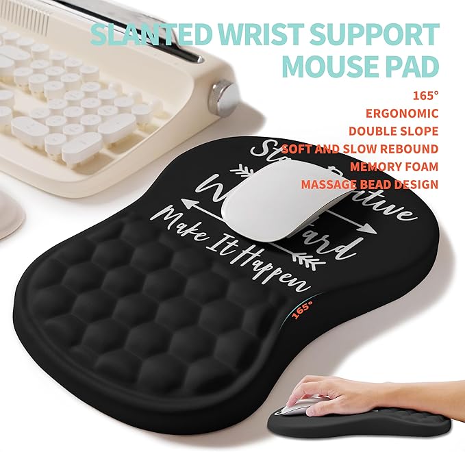 KUOSGM 2-in-1 Ergonomic Set, Wave Rise Keyboard Wrist Rest and Massage Bulge Slope Mouse Pad Wrist Support, Cushion Memory Foam Integrated to Relieve Wrist Pain, Stay Positive