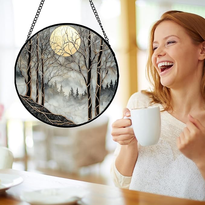 AMDERVEN Stained Glass Window Hanging - Black and White Gold Moon Forest Sun Catcher for Door Home Decor Suncatcher Christmas Mother's Day Birthday Gifts for Women Men Lovers Mom Nana 9.8 in