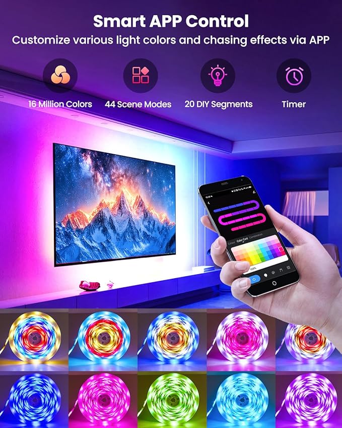 16.4ft RGB+IC LED Lights for 50-75 Inch TV, Backlight Strip Behind TV with Music Sync, Bluetooth APP and Voice Control, 44 Scene Modes, for Ambient Mood Lighting, Monitor Game, Bedroom, Living Room