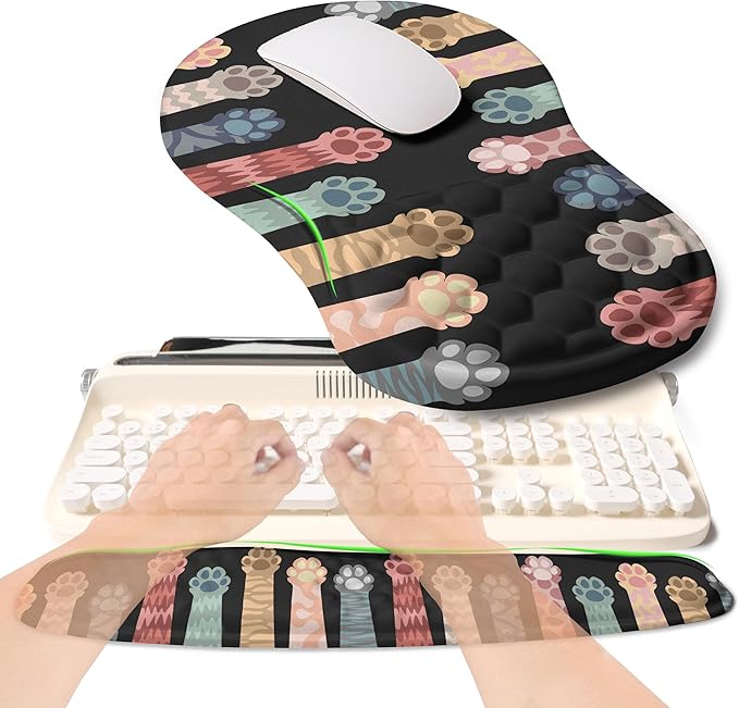 KUOSGM 2-in-1 Ergonomic Set, Wave Rise Keyboard Wrist Rest and Massage Bulge Slope Mouse Pad Wrist Support, Cushion Memory Foam Integrated to Relieve Wrist Pain, Multicolour Cat Claws