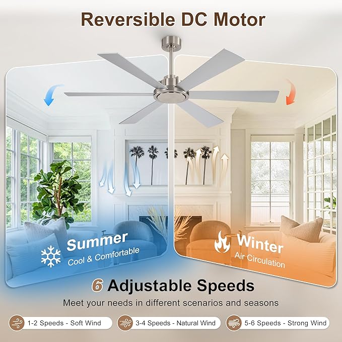 WINGBO 60 Inch Ceiling Fan without Light - 6 Plywood Blades, 6-Speed Reversible DC Motor, Noiseless Remote Control Ceiling Fan No Light for Bedroom Living Room Kitchen, Nickel and Silver/Gray