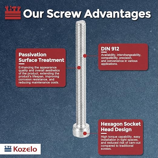 Kozelo 5pcs Socket Head Cap Screws - [M6-1 x 65mm] 304 Stainless Steel Allen Socket Drive for Electrical Motor 3D Printing Fan Engine Replacement Use, Silver