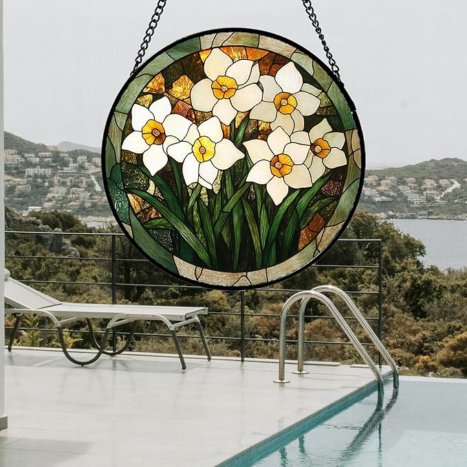 CRISGIF Stained Glass Window Hanging, White Lily Suncatcher for Door Garden Patio Birth Flower Green Plant Sun Catchers Decor Christmas Mother's Day Birthday Gifts for Women Mom Nana Friend 11.8 in