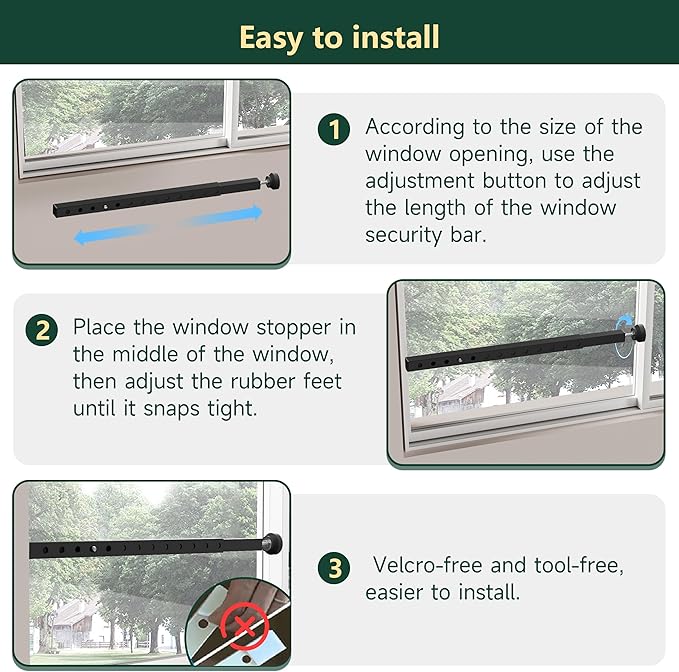 WooFog Adjustable Window Security Bars Vertical, Heavy Duty Sliding Patio Glass Door Lock Bar with Rubber Feet, 17-32 inch Window Safety Stopper for Up and Down Windows -Black 2 PCS Patented