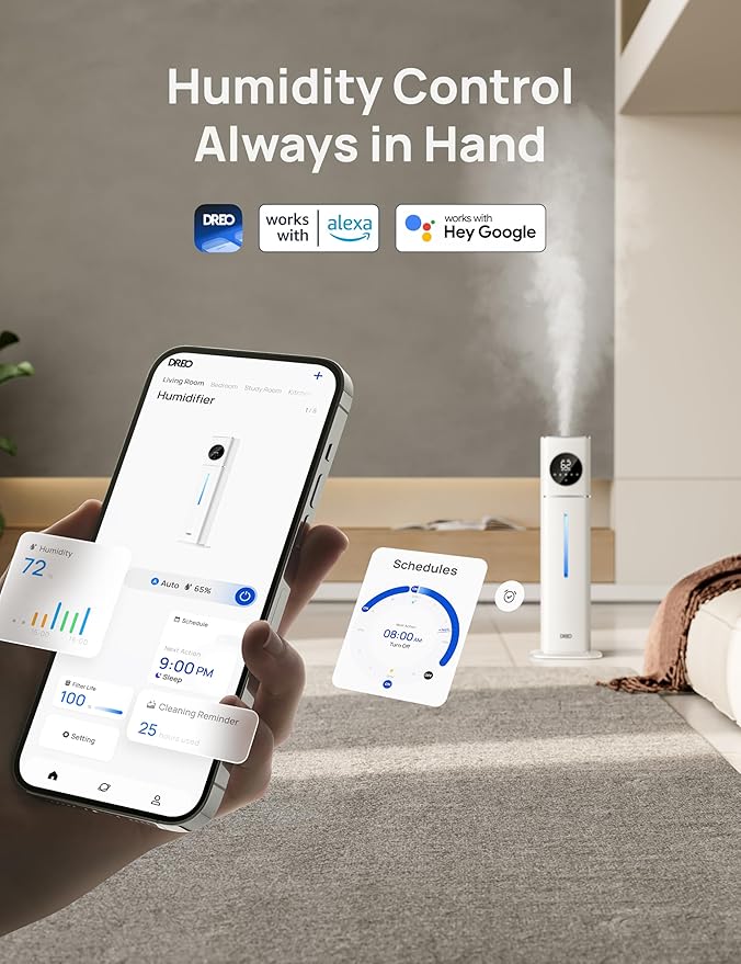 DREO HM735S 11L Smart Humidifier Large Room 700 ft², 100H Cool Mist Air Humidifiers for Bedroom, Top-Fill, Clean Tank Technology, 26dB, Auto Mode, Aroma Box, RGB, Remote & APP Control, Baby, Silver