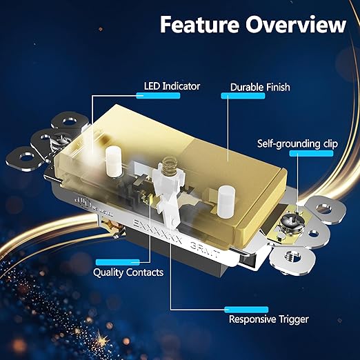 LIDER Minimalist Design Matte Finish Lighted Decorator Switch, Frameless Paddle Light Switch with Locator Light, Grounding Screw, 15A 125V, UL Listed, LS15-1P-GD5P, Gold, 5 Pack