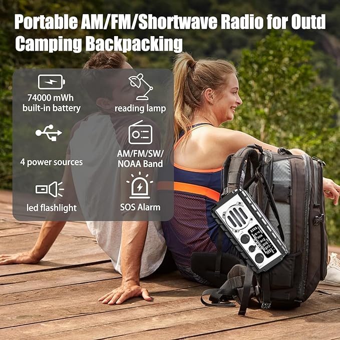 QAUYYW Emergency Radio, 20000mAh/74000mWh Weather Radio, Solar Hand Crank Radio with AM/FM/NOAA/SW Weather,Flashlight & Reading Lamp, SOS Alarm, Phone Charger for Indoor Outdoor Emergency