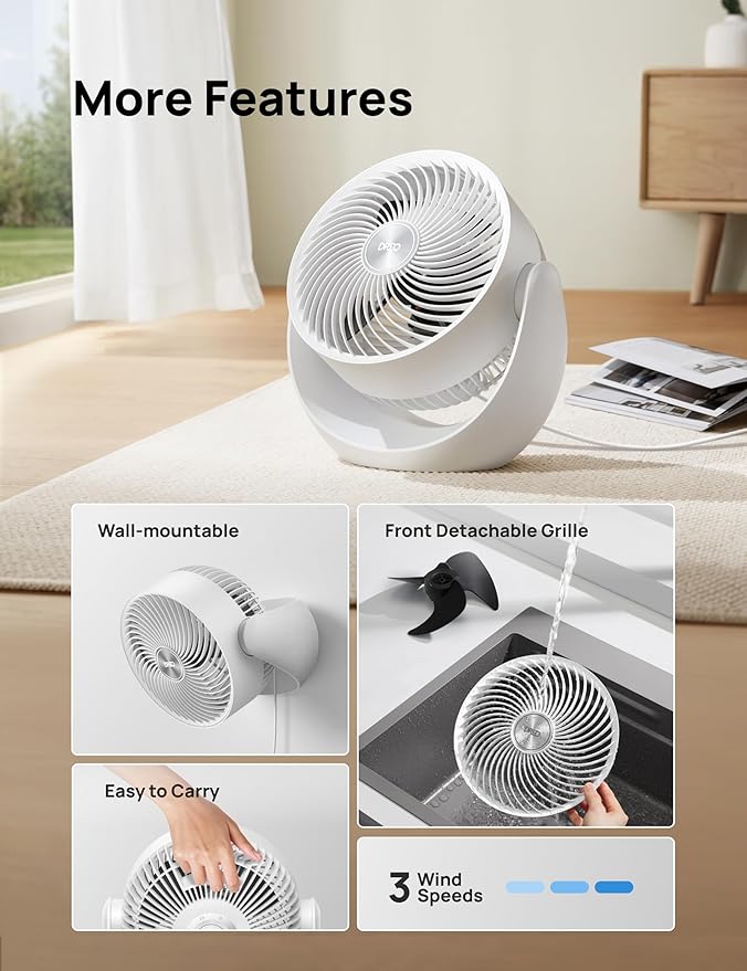 Dreo Fan for Bedroom, Table Air Circulator for Whole Room, 11 Inch, 40ft Strong Airflow, 120° Adjustable Tilt, 28db Low Noise, Quiet, 3 Speeds, 2025 New Desk Fan for Office, Kitchen, Home