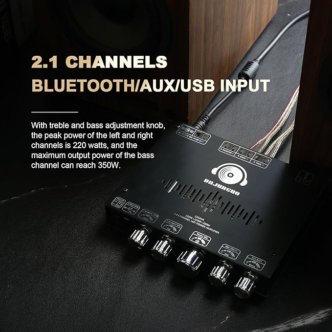 S350HS TPA3251 Bluetooth Power Amplifier Board with Subwoofer 2.1 Channel 220W×2+350W, 12V-38V Audio Power Amplifier Module with Treble and Bass Control,Black (S350HS)