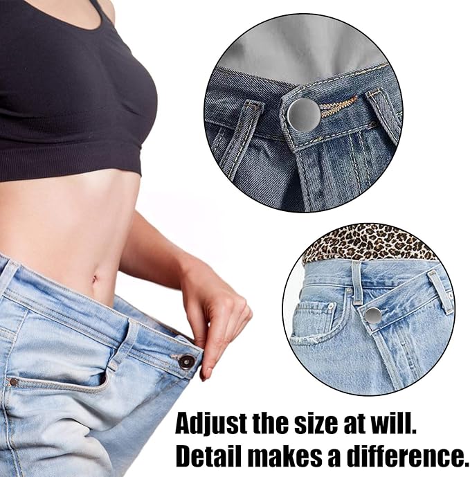 TOOVREN 8 Sets Jean Buttons for Loose Jeans, No Sew No Tool Instant Replacement Button Pins Adjustable Pant Waist Tightener to Make Smaller, Reusable Extra Pants Clips to Tighten Waist, Silver