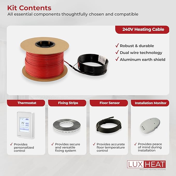 LuxHeat 180sqft Floor Heating Cable Kit - 240v Heated Bathroom Floor Kit - Heated Flooring System Includes UDG4 Programmable Thermostat w/GFCI, Heating Cable, Strapping, Flooring Sensor & Alarm