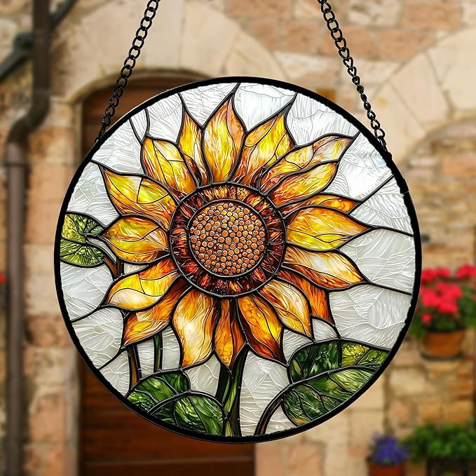 DASTOLL Stained Glass Window Hanging - Sunflower Flower Suncatcher Ready to Hang Window Doors Home Decoration and Christmas, Mother's Day Birthday Gifts for Women, Men, and Mom 9.8x9.8 in
