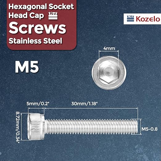 Kozelo 25pcs Socket Head Cap Screws - [M5-0.8 x 30mm] 304 Stainless Steel Allen Socket Drive for Electrical Motor 3D Printing Fan Engine Replacement Use, Silver