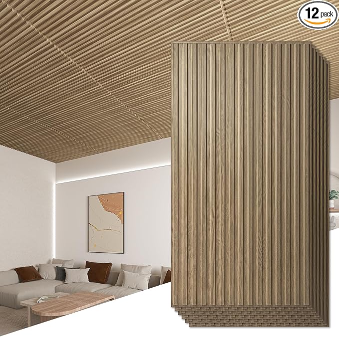 Art3d 12-Pack Slat Design 3D Wall Panels for Interior Wall Decor, 2x4 FT PVC Decorative Drop Ceiling Tiles - Walnut