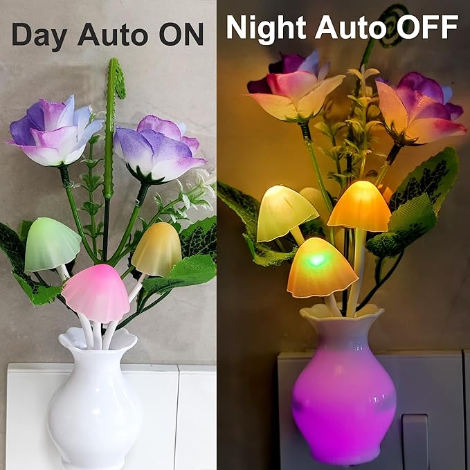 AUSAYE Color-Changing LED Night Light, 1Pack Plug in Dusk-to-Dawn,Home Décor Lamp Dream Nightlight Purple Rose Flower Mushroom Night Light for Kids Adults Bedroom,Bathroom,Stairs, Kitchen,Hallway