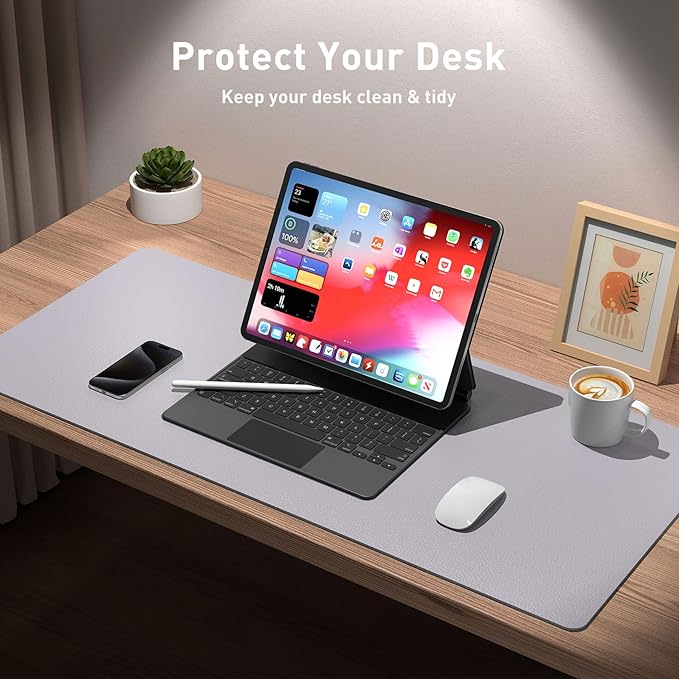 Aothia Large PU Leather Desk Pad Protector - Non-Slip Mouse Pad & Writing Mat for Office/Home, Waterproof, Easy to Clean (23.6" x 13.7", Smoky Lavender)