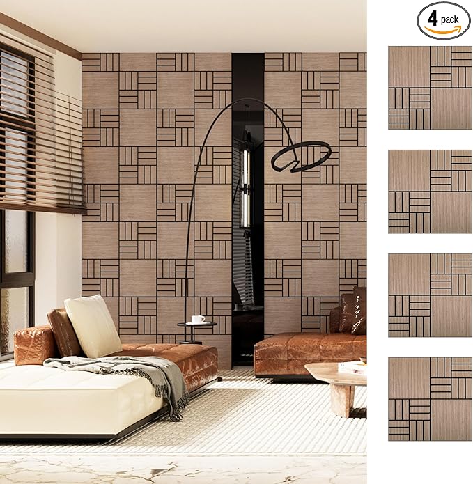 ARMURO 4 Packs Acoustic Wall Panels - Self-Adhesive 3D Wood Slat Wall Panel- Peel and Stick Sound Absorbing Panels for Noise Reducing - Feature Wall Decor for Home & Office