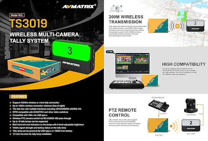 AVMATRIX TS3019-6 200 Meter Wireless Multi-Camera Tally System with 1x Tally Box and 6X Tally Lamps