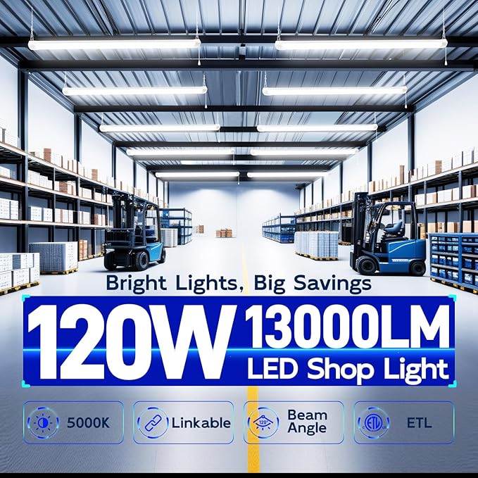 hykolity 4FT 120W LED Shop Light Linkable, 13000lm(400w Equivalent), 5000K Utility Shop Lights for Garages, Workshops, Basements, Hanging or FlushMount, with Power Cord and Pull Chain, ETL