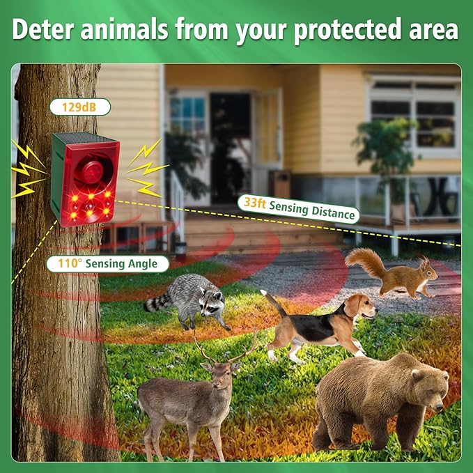 ChunHee Solar Outdoor Motion Sensor Alarm with Dog Barking Gunshot Sound, Support Recording and Adjustable Volume, 130db Loud Noise Maker 3 Work Modes Strobe Light for Home, Villa, Farm, Barn (2pack)