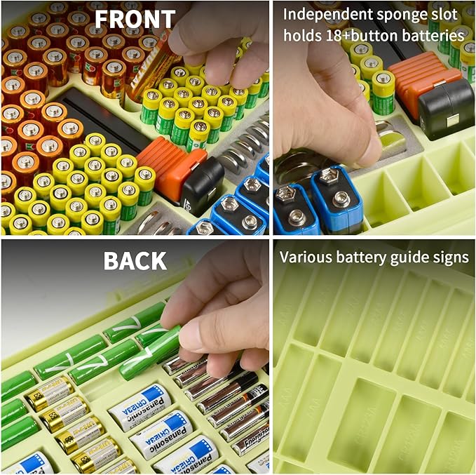 Aptbyte Battery Organizer Storage Holder Box Case with Tester- 269 Batteries Double-Sided Variety Pack, Holds AA AAA 4A C D Cell 9V 3V Lithium LR44 CR2 CR123 CR1632 18650 Button- Green (Box Only)