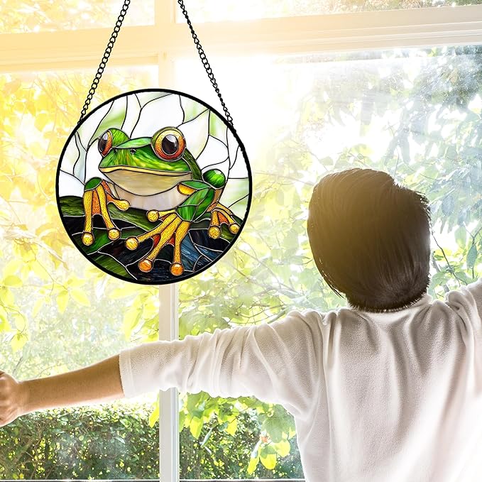 DASTOLL Stained Glass Window Hanging, Green Frog White Petals Sun Catchers Colorful Glass Panel Cute Suncatcher Decor for Birthday for Women, Men, Wife, Aunt, and Mom 9.8 in