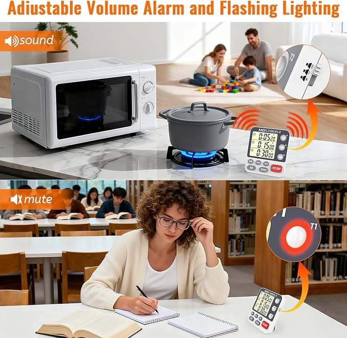 MOSTRUST Digital Dual Kitchen Timer, 3 Channels Countdown Triple Timer for Cooking, Magnetic Memory-Preset Large Display Adjustable Alarm Volume, Multi Times Management, 3A Battery Included, White
