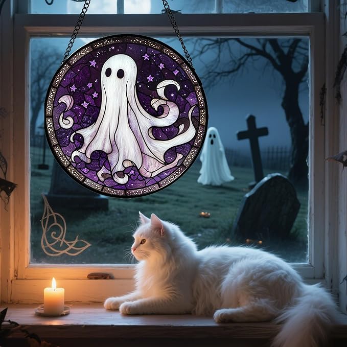 DASTOLL Stained Glass Window Hanging - Halloween Decorations White Ghost Purple Stars Suncatcher for Doors Garden Spooky Funny Sun Catchers Gothic Decor Horror Gifts for Women Men Friend 15 in