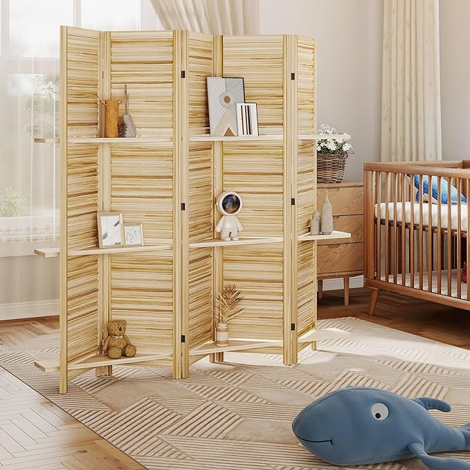 HOMCOM Room Divider, 5 Panel 67" Tall Wood Privacy Screen with 3 Display Shelves, and Folding Storage for Bedroom or Home Office, Natural Wood