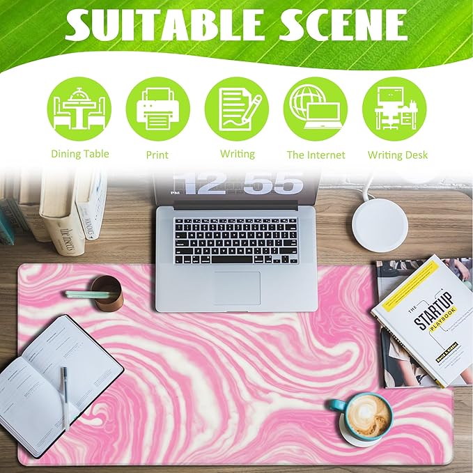 Eflxamz Desk Pad,Pink Marble Swirls Texture Desk Mat,Flow Liquid Waves Large Gaming Mouse Pad for Desk,Extended Big Computer Keyboard Mouse Pad with Non-Slip Base and Stitched Edge,35.4"x15.7"