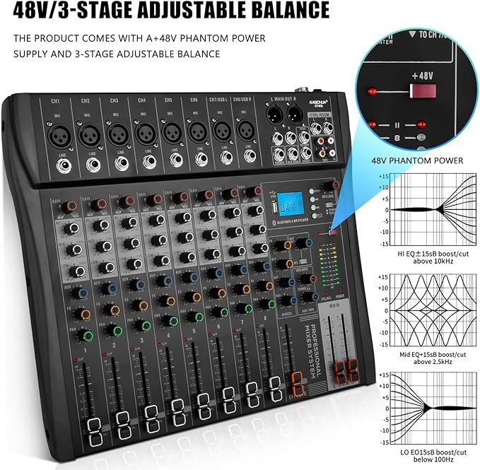 8 Channel Professional Audio Mixer with 48V Phantom Power, USB Audio Interface, Bluetooth & MP3 Player, Sound Board for Podcast, Home Studio, Live Streaming & Recording