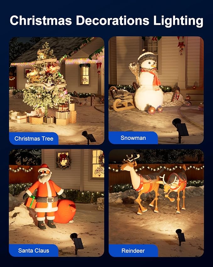 4 Pack Solar Powered Spotlights Waterproof Outdoor for Christmas Decorations, Tree, Santa Claus, Snowman, Christmas Ambient Outdside Spot Landscape Lights for Wall, Garden, Yard, Sidewalk, Warm White