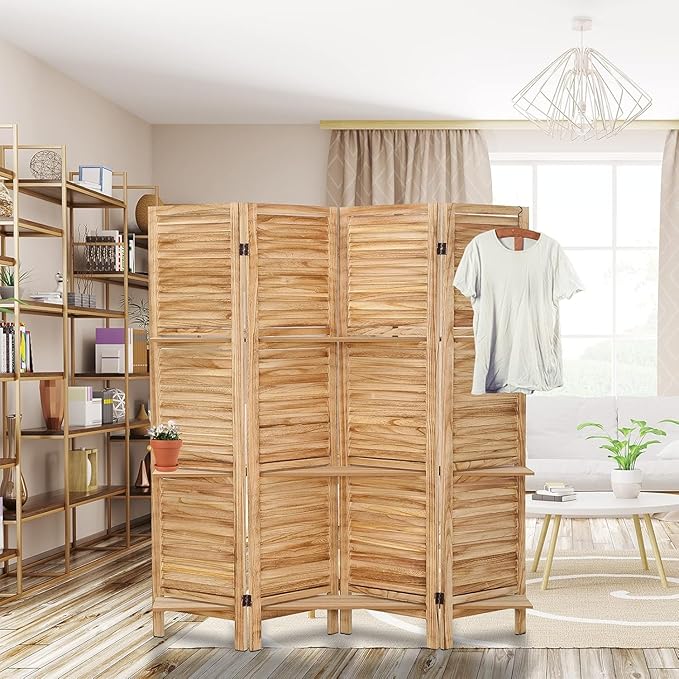 4 Panel Room Divider with Shelves, Room Dividers and Folding Privacy Screens, Folding Room Dividers 4 Panel, Wood Room Divider with 3 Display Shelves for Home Office (Natural)