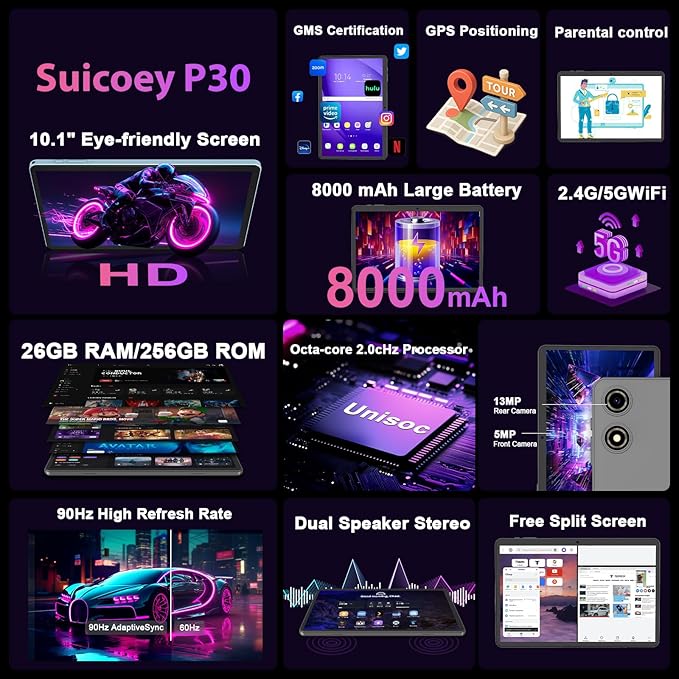 VisuPad 2026 Android 15 Tablet with Keyboard, 26GB+256GB+2TB Expand, 10 Inch 2 in 1 Tablet with Gemini AI, 8000mAh, 2.4G/5G WiFi, BT5.0, Widevine L1, Tablets Pc with Case, Mouse, Stylus (Black Case)