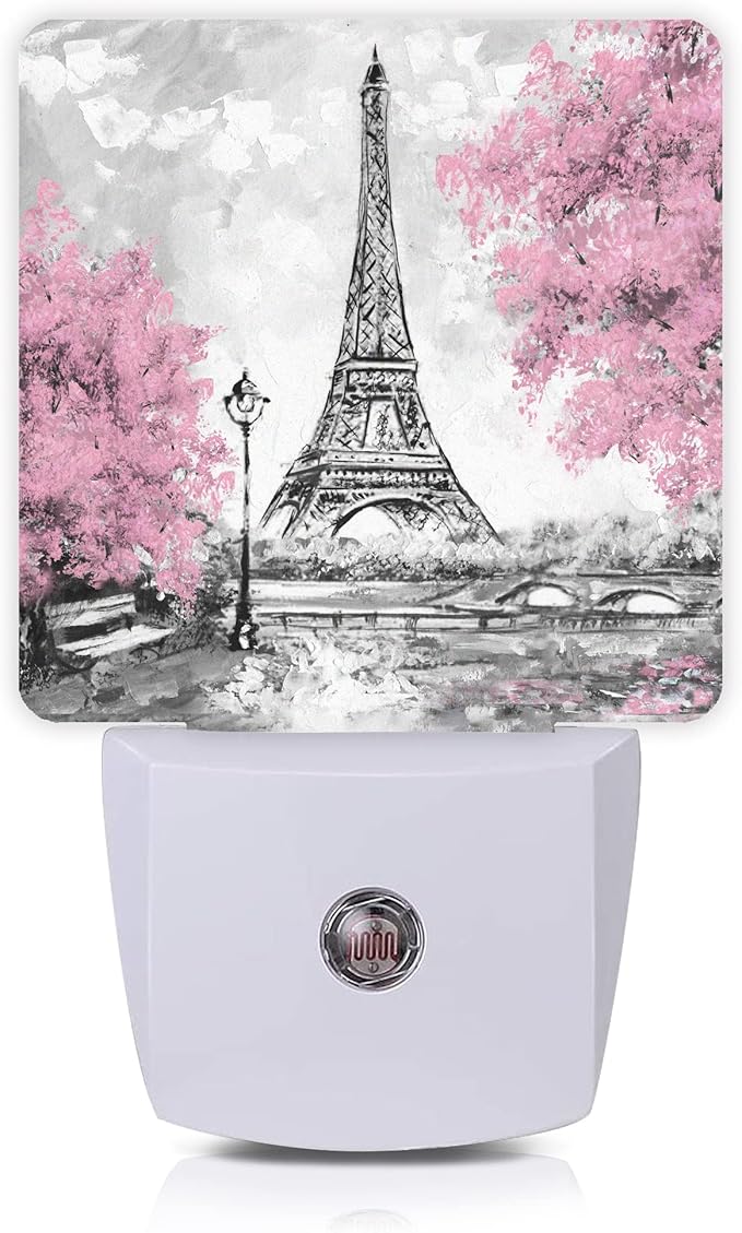 Smoaffly Eiffel Tower Paris Pink Flower Night Light Plug-in LED Nightlights Auto Sensor Night Lamp Dusk-to-Dawn Lamp Home Decor for Nursery Children Girls Boys