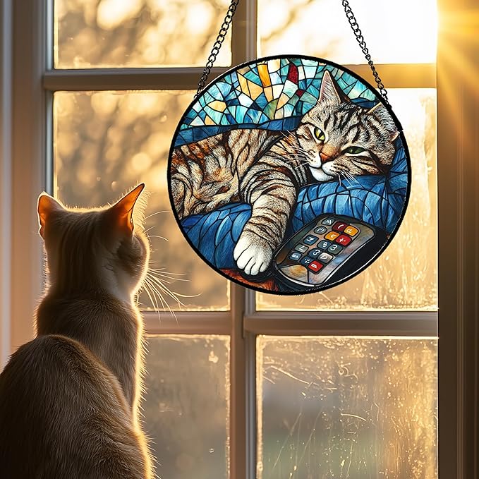 DASTOLL Stained Glass Window Hanging Gray Cat and Remote Control 7.8" - Suncatcher Door Garden Kitchen Sun Catcher Home Decor Birthday for Lost Pets Mom Men Woman Friend Grandma