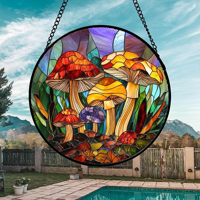 DASTOLL Stained Glass Window Hanging, Jungle Mushrooms Sun Catchers Diamond Glass Panel Hangings Plant Suncatcher Decor for Birthday for Women, Men, Wife, Aunt, and Mom 14.9x14.9 in