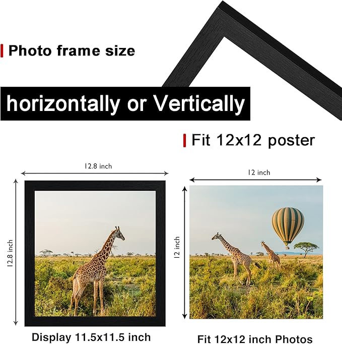 TKYGU 12x12 Picture Frame Set of 3, Black Wooden Frame 12x12 Square Wall Gallery Poster Photo frame with Durable Shatter Resistant Plexiglass,Horizontal and Vertical Formats for Wall Hanging best gift