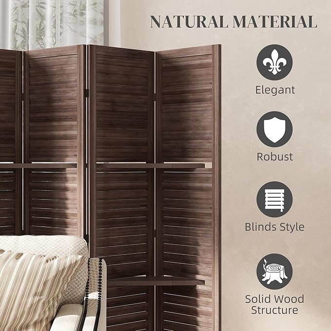 HOMCOM Room Divider, 6 Panel 67" Tall Wood Privacy Screen with 3 Display Shelves, and Folding Storage for Bedroom or Home Office, Walnut