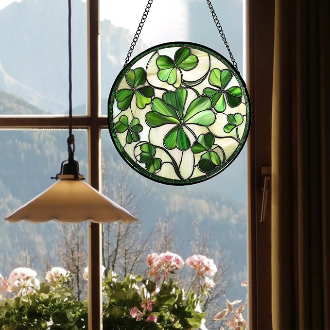 CRISGIF Stained Glass Window Hanging - Ireland Green Lucky Clover Suncatcher for Doors Garden St. Patrick's Day Sun Catchers Decor Mother's Day Birthday for Women Men Mom Nana 9.8 in